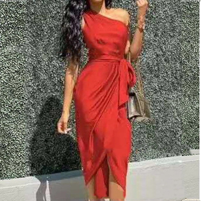 One Shoulder Tie Belt Womens Party Dress