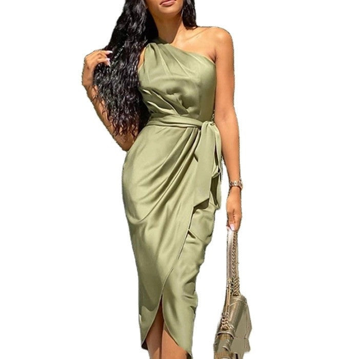 One Shoulder Tie Belt Womens Party Dress