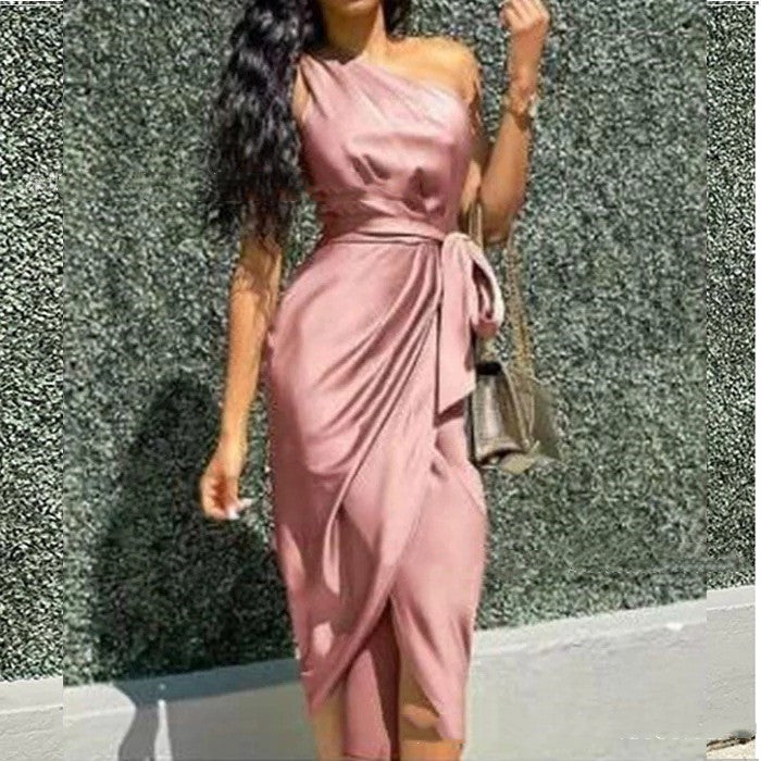 One Shoulder Tie Belt Womens Party Dress