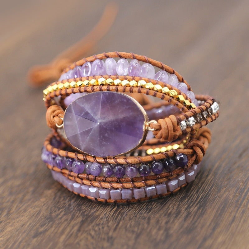 Natural Amethyst Gemstone Bracelet, Crystal Beads Bracelet