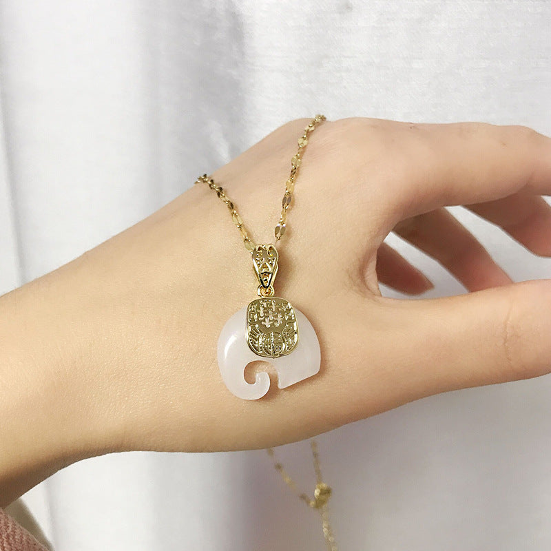Jade Necklace, Jade Jewelry, Gemstone Necklace, White Green Jade Necklace, Elephant Necklace