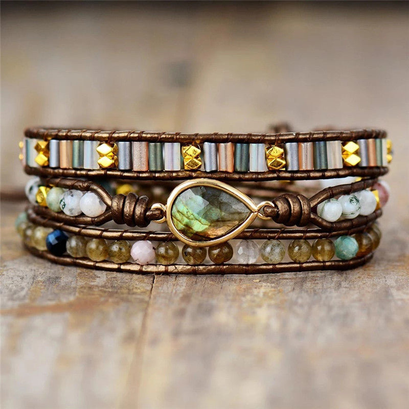 Hand-woven Leather Bracelet With Drop-shaped Glitter Stone