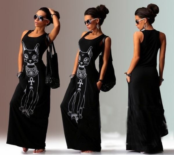 Egyptian Cat Maxi Bohemian Dress, Summer Boho Dress For Women