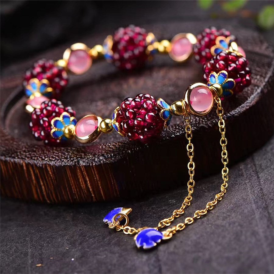 Natural Garnet and Rose Quartz Pomegranate Gemstone Bracelet