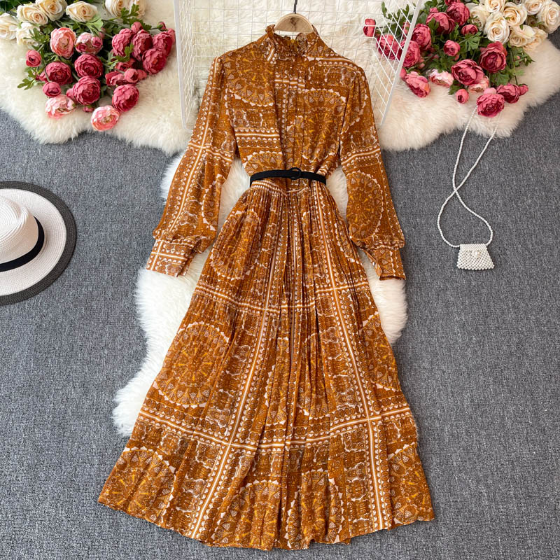 Geometric Print Pleated Boho Dress, Bohemian Summer Dress