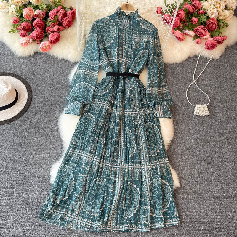 Geometric Print Pleated Boho Dress, Bohemian Summer Dress