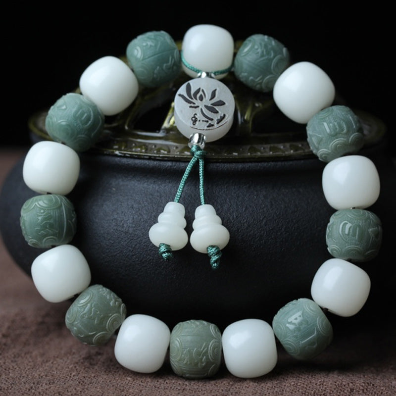 White and Green Jade Bodhi Root Men and Women Buddha Bracelet