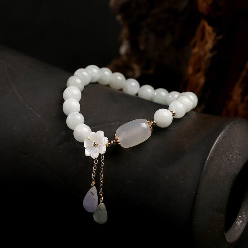 Jade Bracelet, Jade Jewelry, Gemstone Crystal Bracelet, White Flower Jade