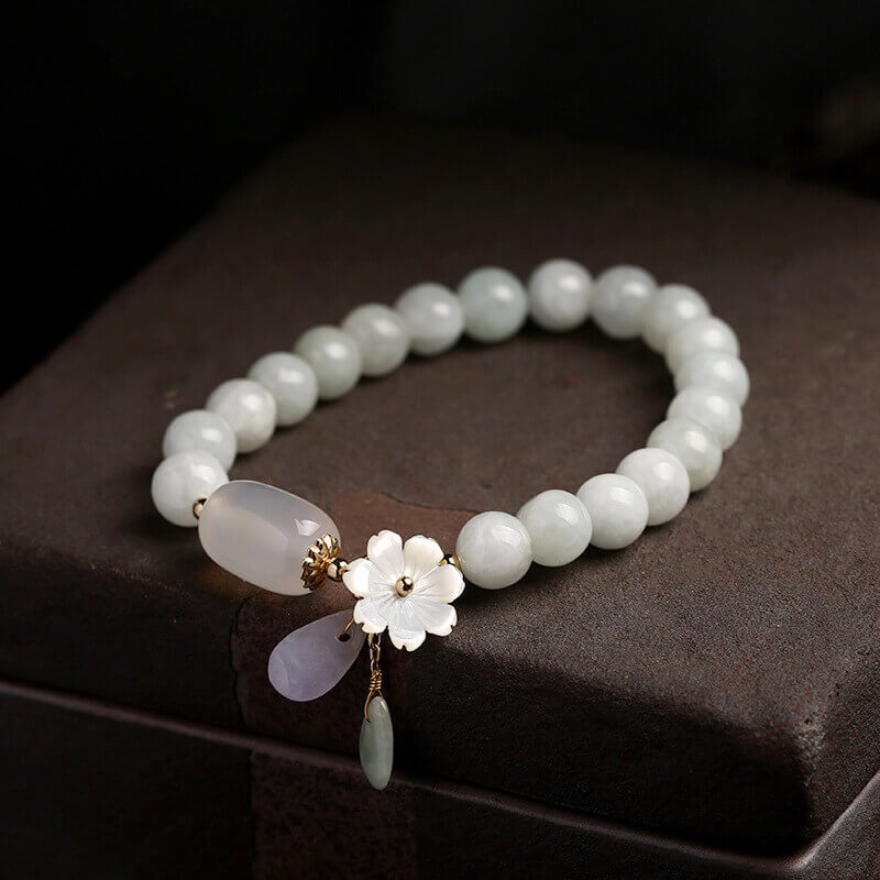 Jade Bracelet, Jade Jewelry, Gemstone Crystal Bracelet, White Flower Jade